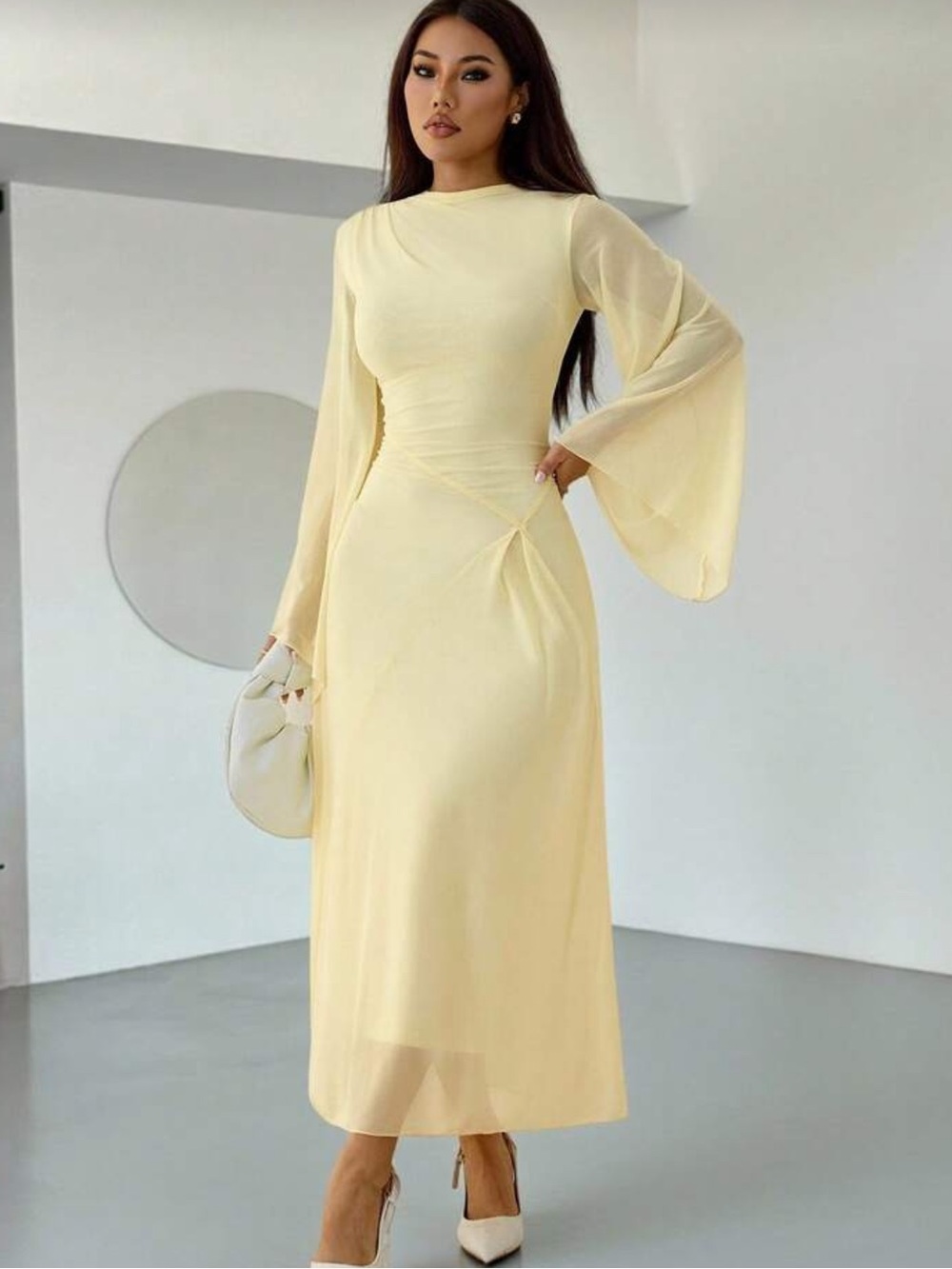 Elegant Cream Maxi Dress with Flared Sleeves